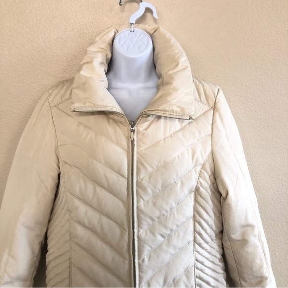 Kenneth Cole Reaction Womens Cream Chevron Quilted Down Feather Puffer Jacket L - Picture 3 of 14